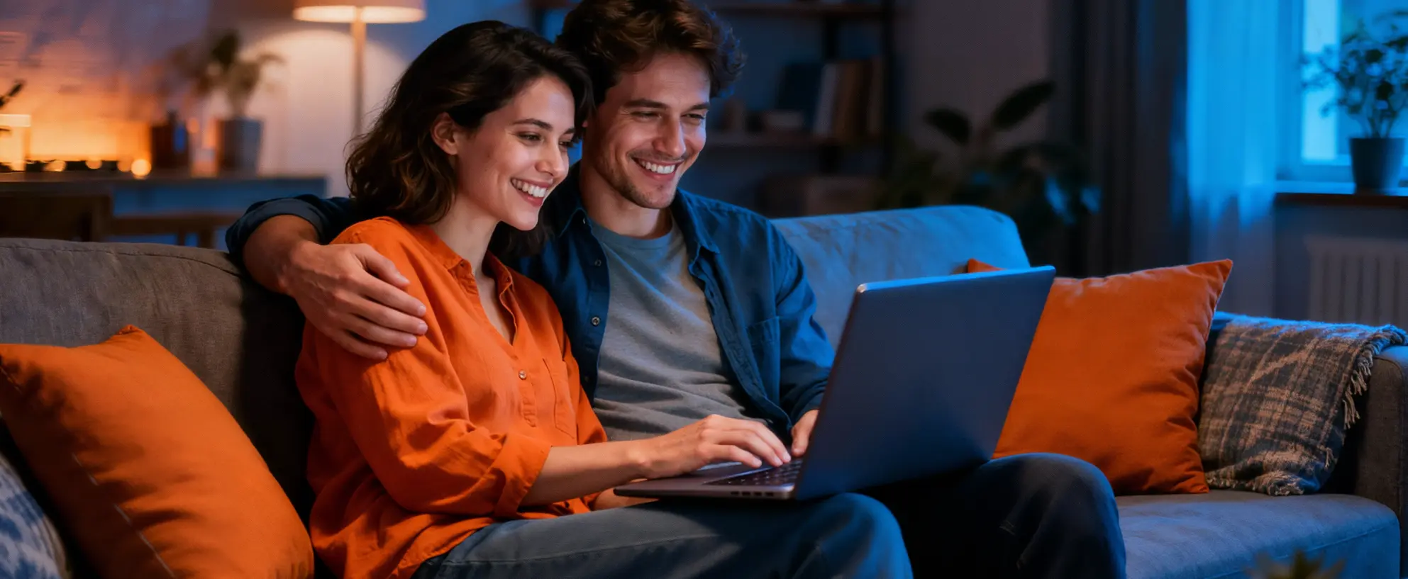 Mieterin und Mieter sitzen mit einem Laptop auf der Couch